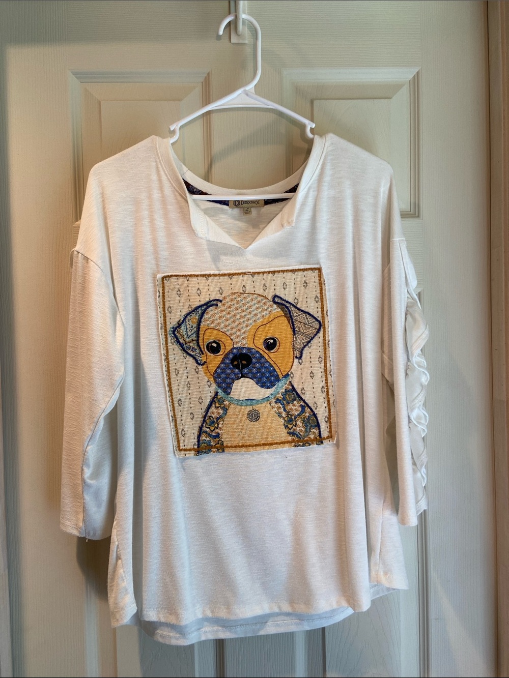 Democracy Cream Long-Sleeve Top with Colorful Dog Patch